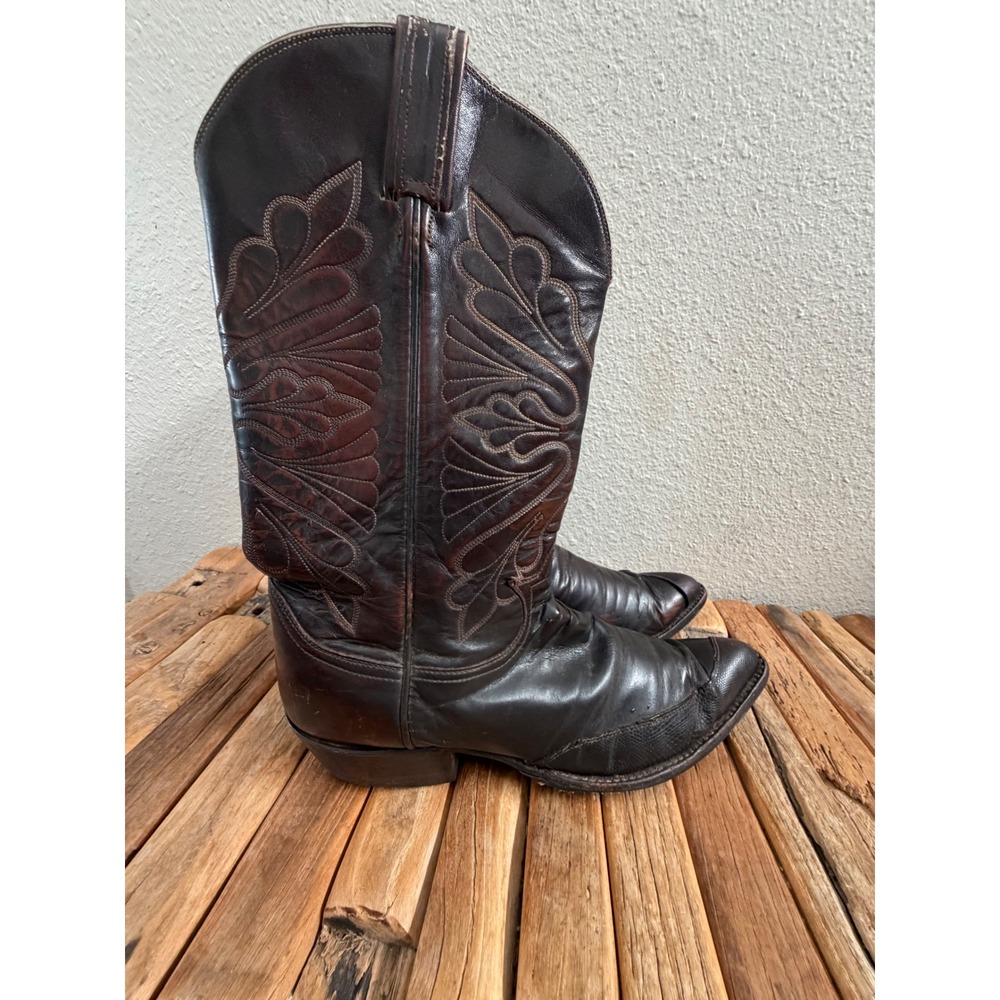 Vintage Tony Lama Cowboy Boots 8 Dark Brown Leather Western Stitched Toe